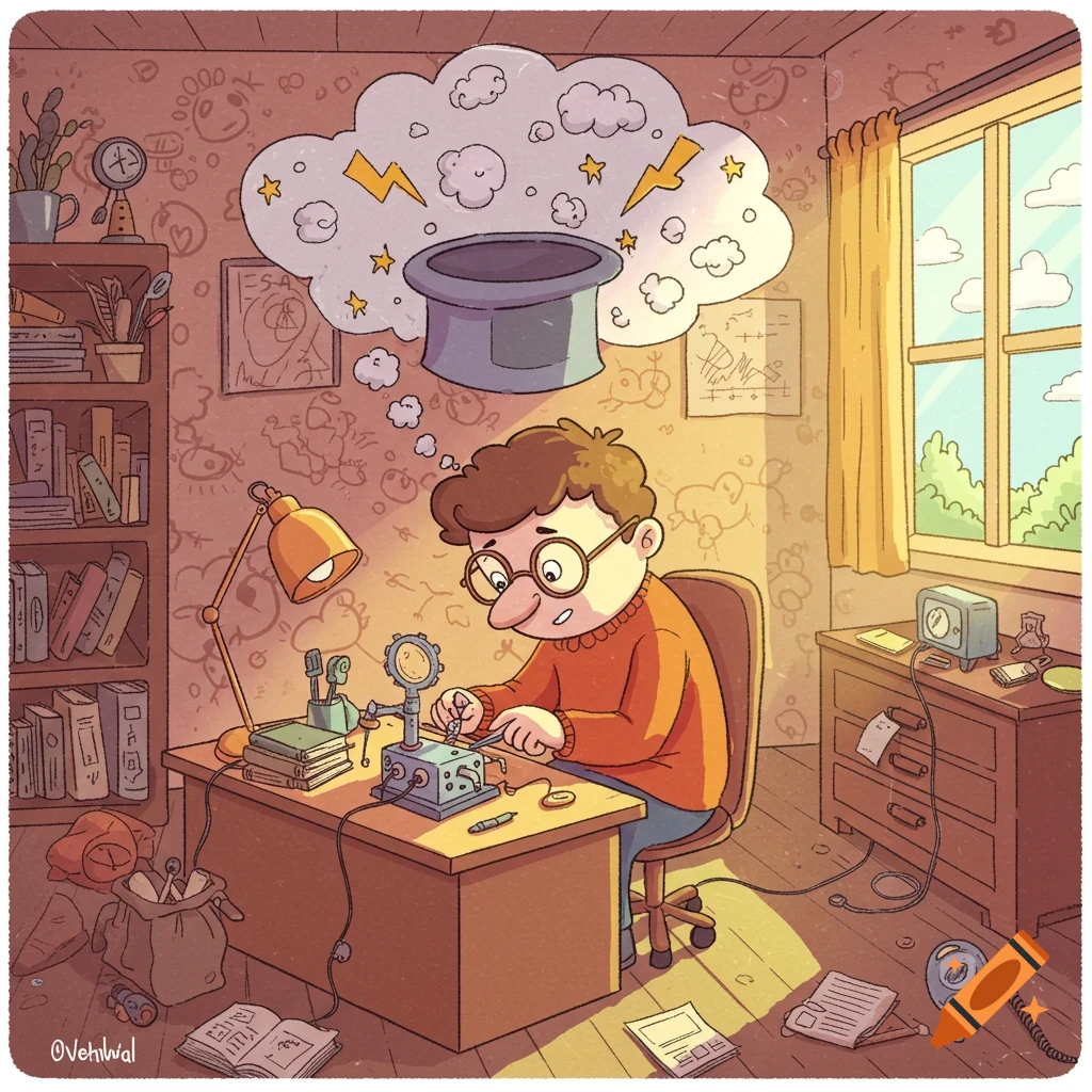 A cartoon illustration of a young boy with glasses sitting at a cluttered desk, tinkering with an invention, while a thought bubble above him shows a magic hat with lightning and stars.