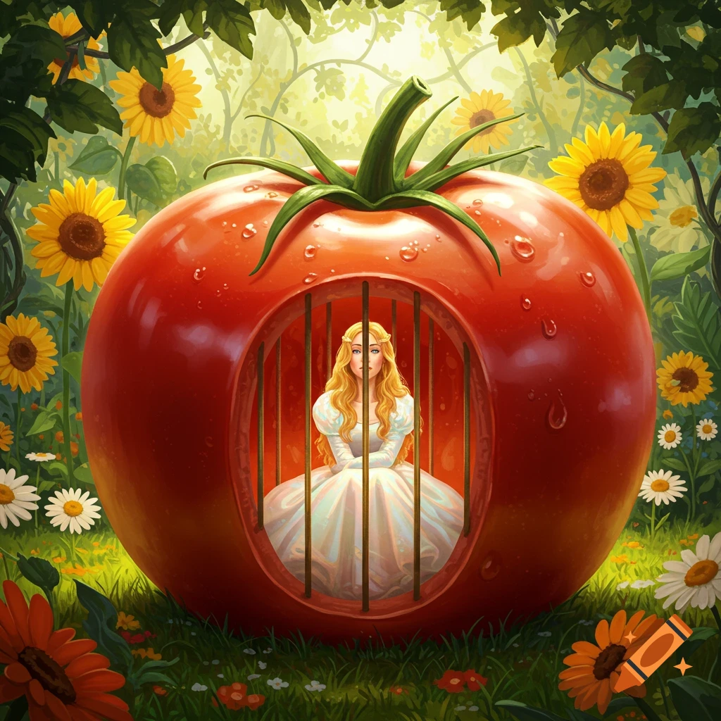 A blonde princess in a white gown is imprisoned within a giant red tomato cage in a sunlit garden with sunflowers.