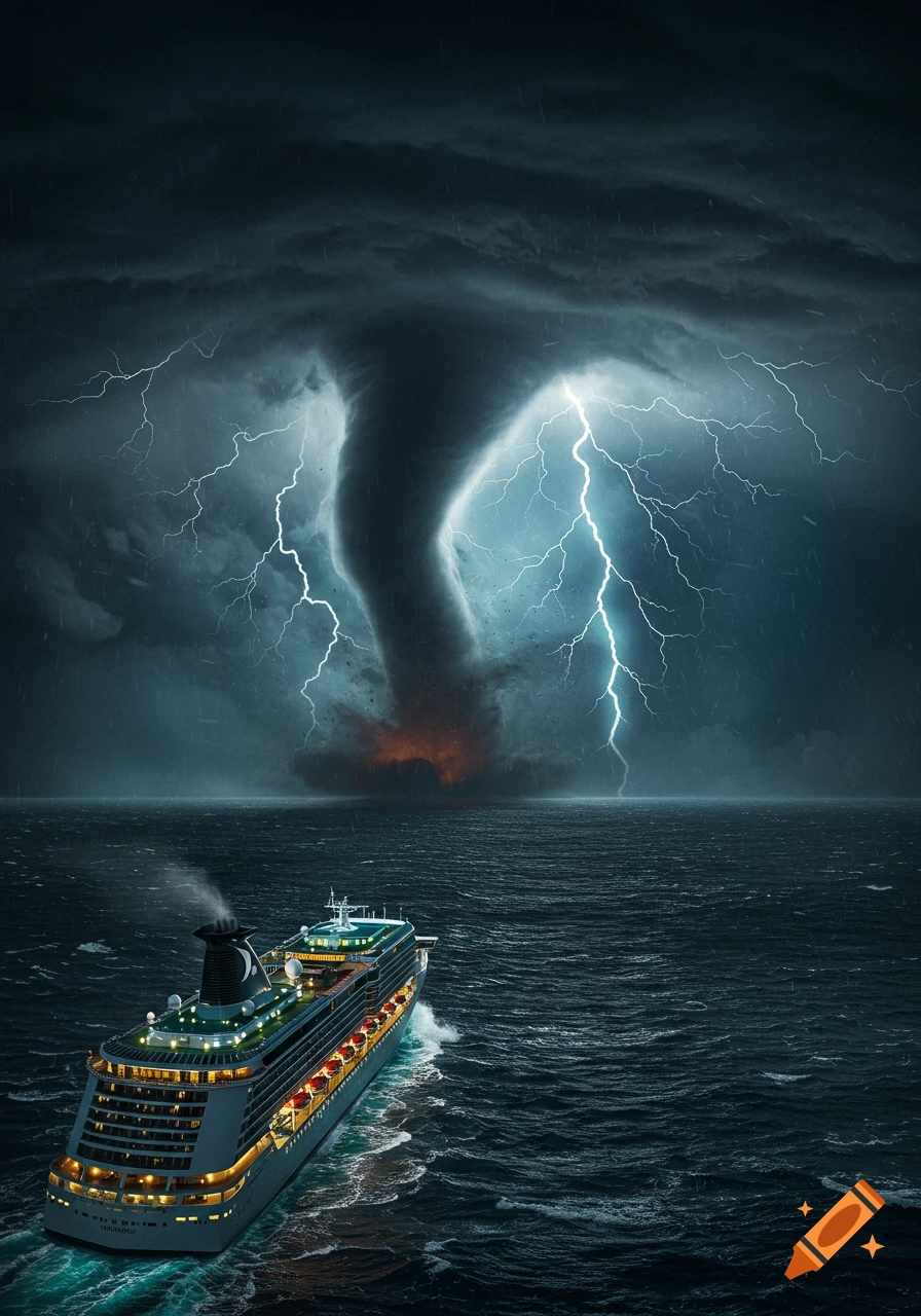 A large cruise ship sails through a stormy sea with a powerful tornado and lightning in the distance.