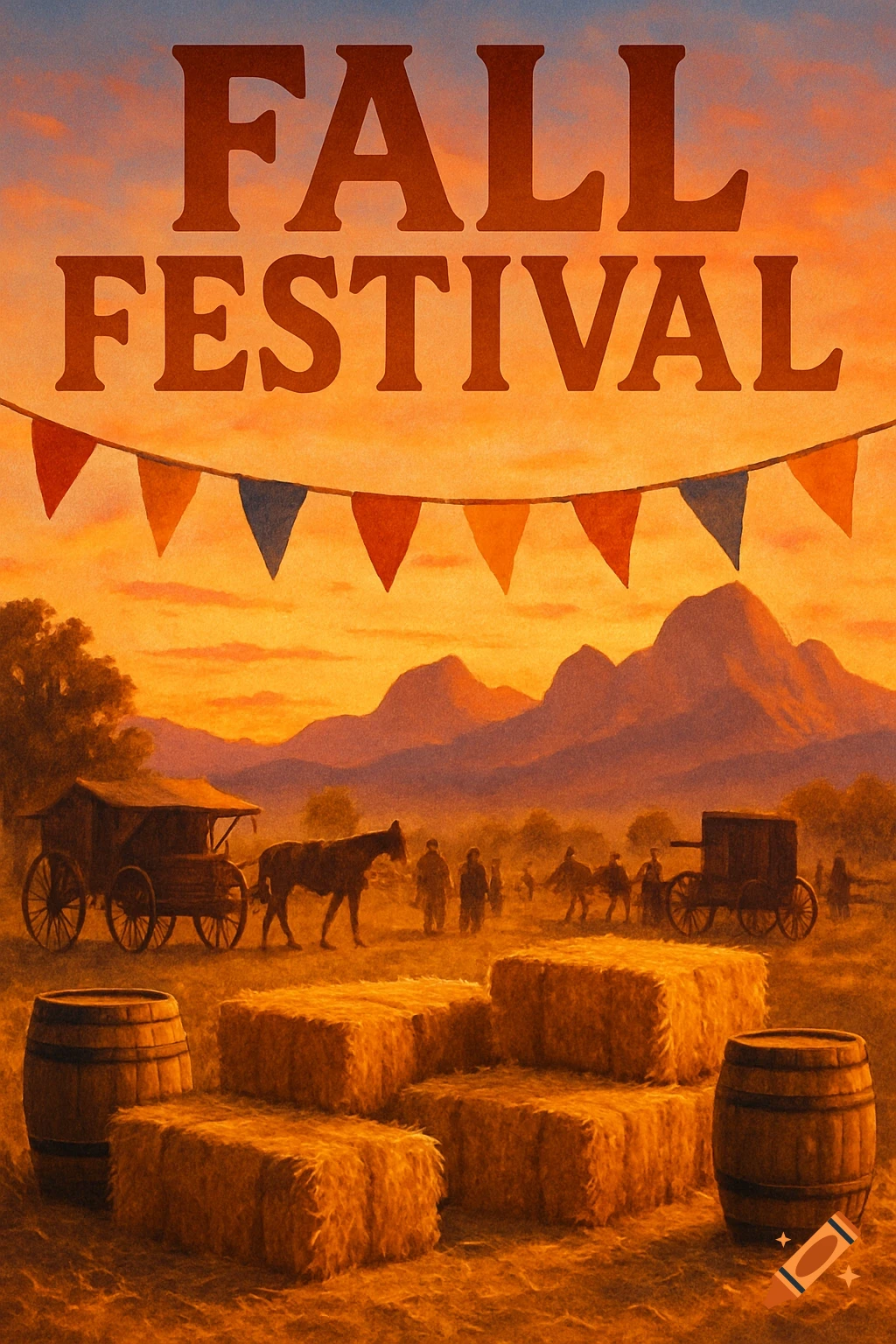 Fall Festival poster with hay bales, barrels, old west wagons and people at sunset, text 'FALL FESTIVAL'.