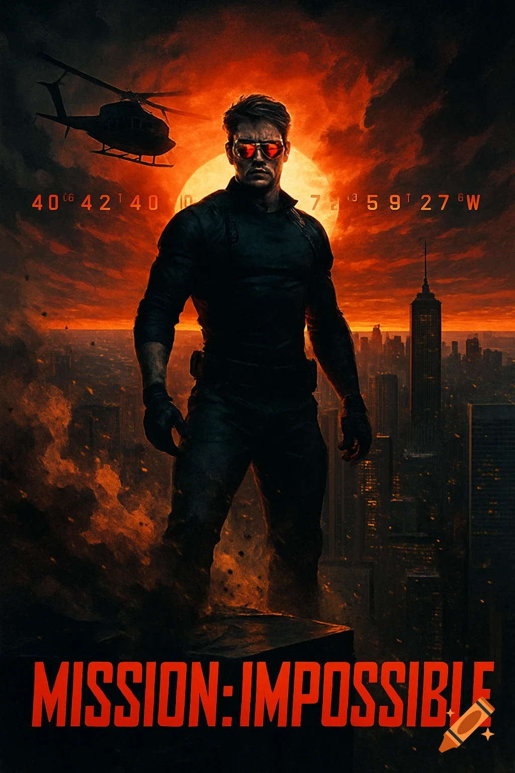 A movie poster for Mission: Impossible, featuring a man in black gear and sunglasses standing over a city at sunset with a helicopter and coordinates in the sky.
