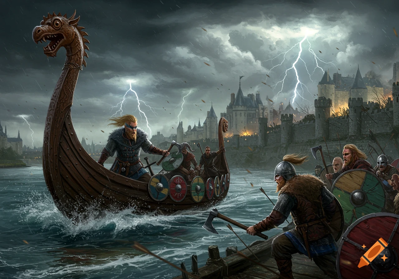A dynamic illustration of Vikings in a longship attacking a castle during a thunderstorm with lightning.