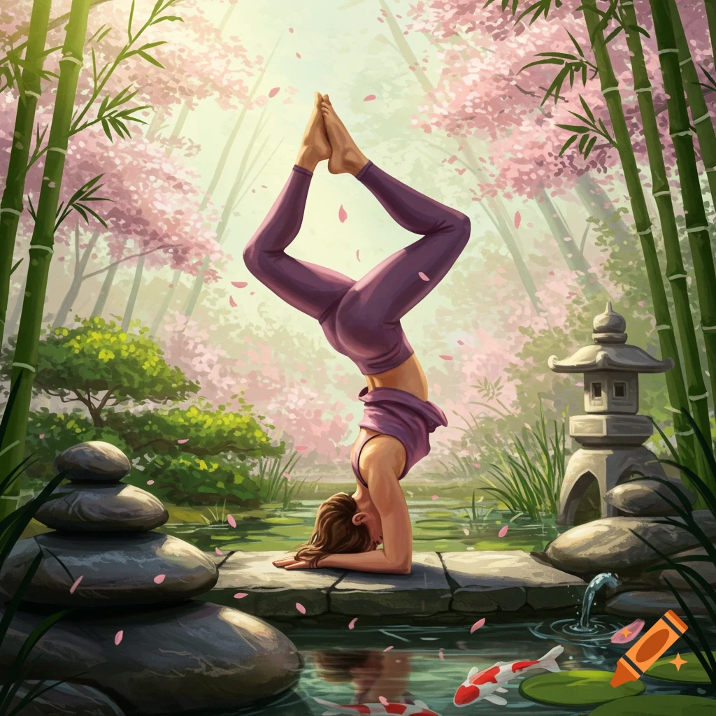 Illustrated woman in a headstand yoga pose in a serene Japanese garden with bamboo, pink cherry blossoms, and a pond with koi fish.