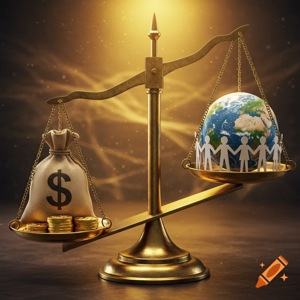 A golden scale balances a money bag and coins against a globe with paper people, on a glowing background.