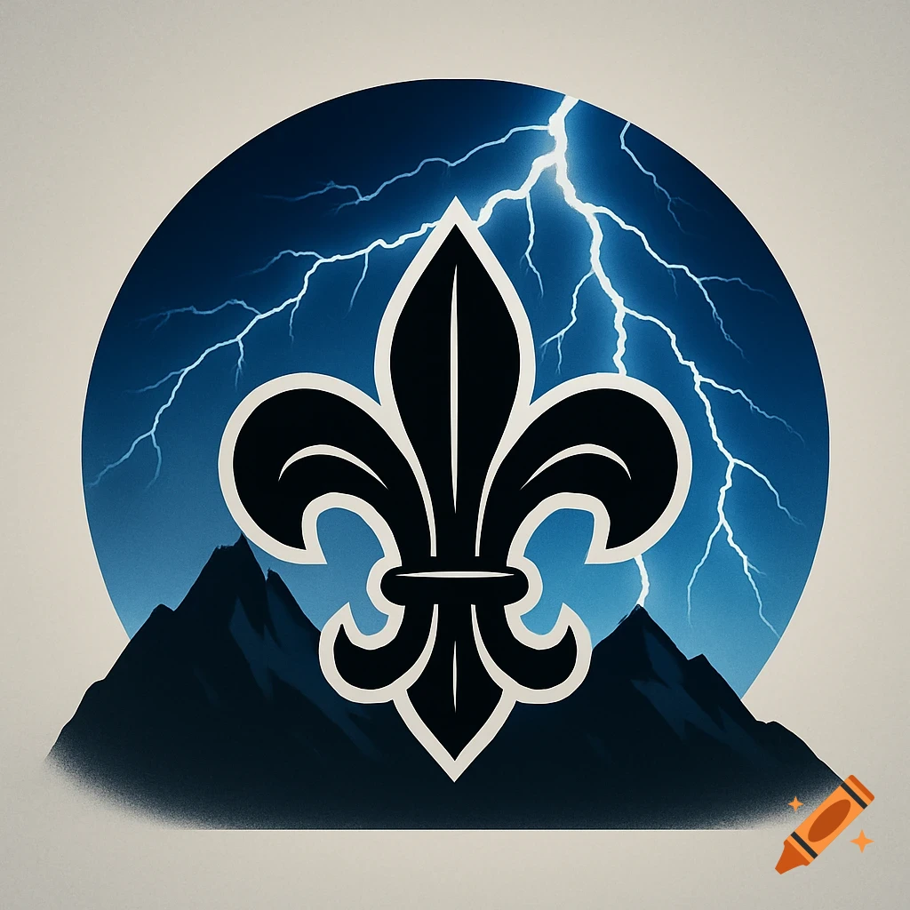 A stylized logo with a black fleur-de-lis against a blue sky with lightning, above dark mountains.