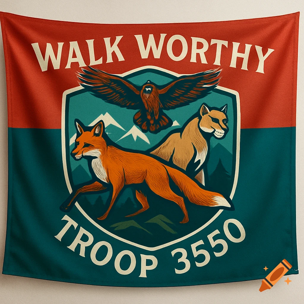 A red and teal flag with an emblem featuring a fox, mountain lion, and hawk over mountains, with text 'WALK WORTHY TROOP 3550'.
