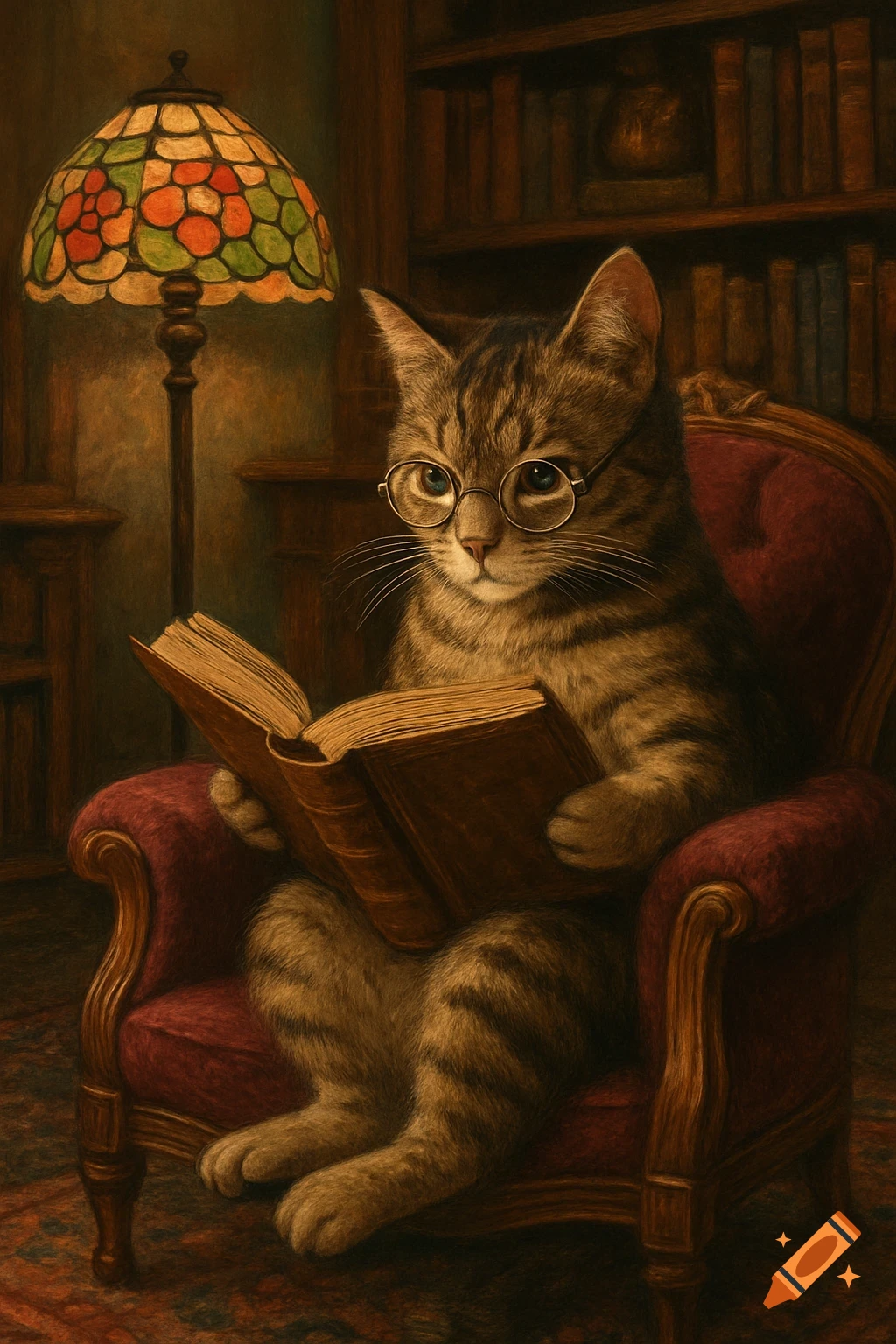 A tabby cat wearing round glasses sits in a red armchair, reading an open book under a Tiffany lamp, in a library setting.