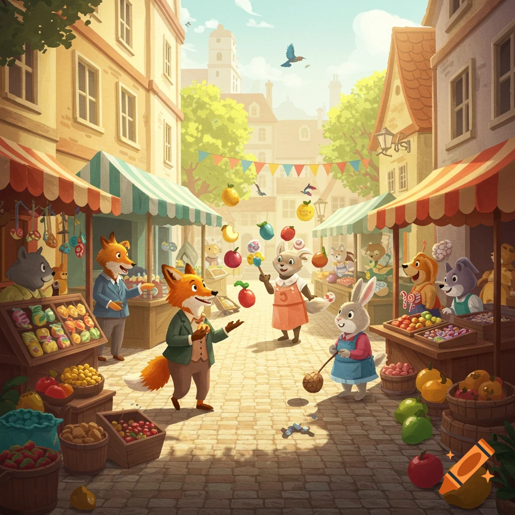 Vibrant cartoon market scene with anthropomorphic animals selling fruits and goods in a sunny town square.