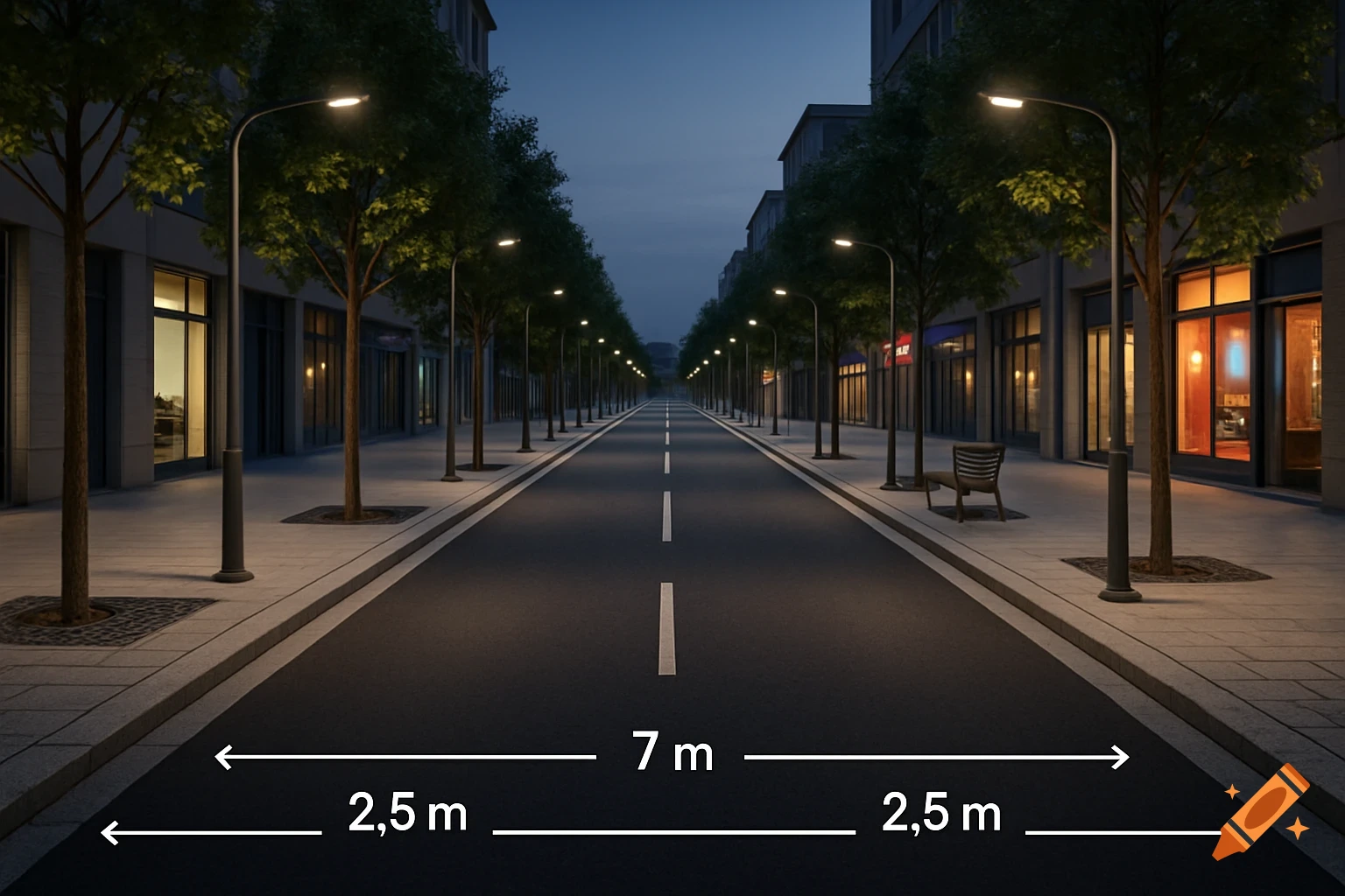 Photorealistic night view of a long, empty urban street lined with trees and streetlights, showing measurements of a 7m roadway and 2.5m sidewalks.