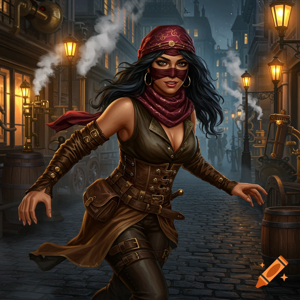 A masked woman in a detailed steampunk thief outfit walks down a cobblestone street at night, with gas lamps and steam.