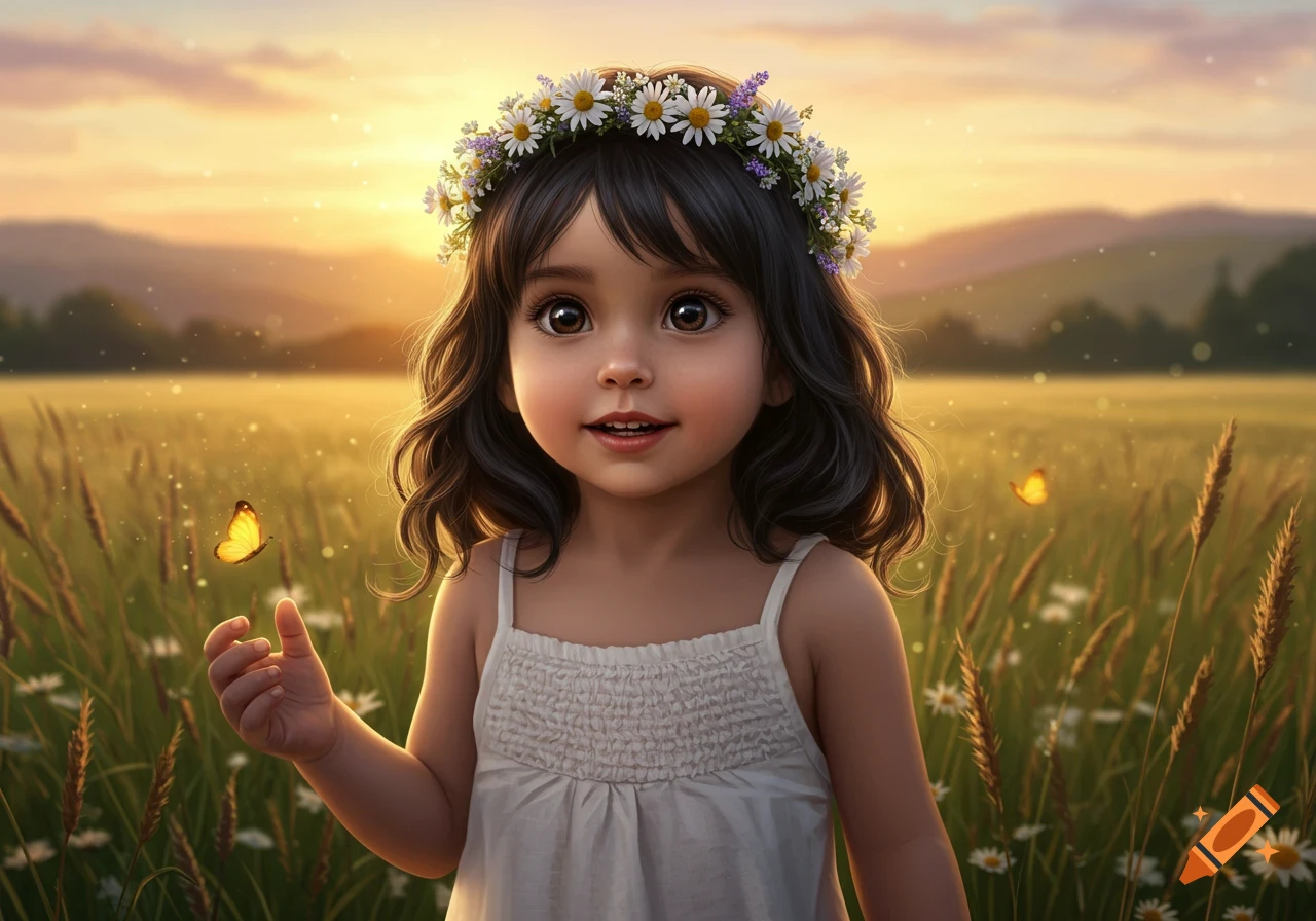 A young girl with dark hair and a daisy wreath, smiling in a golden field with butterflies at sunset, photorealistic.