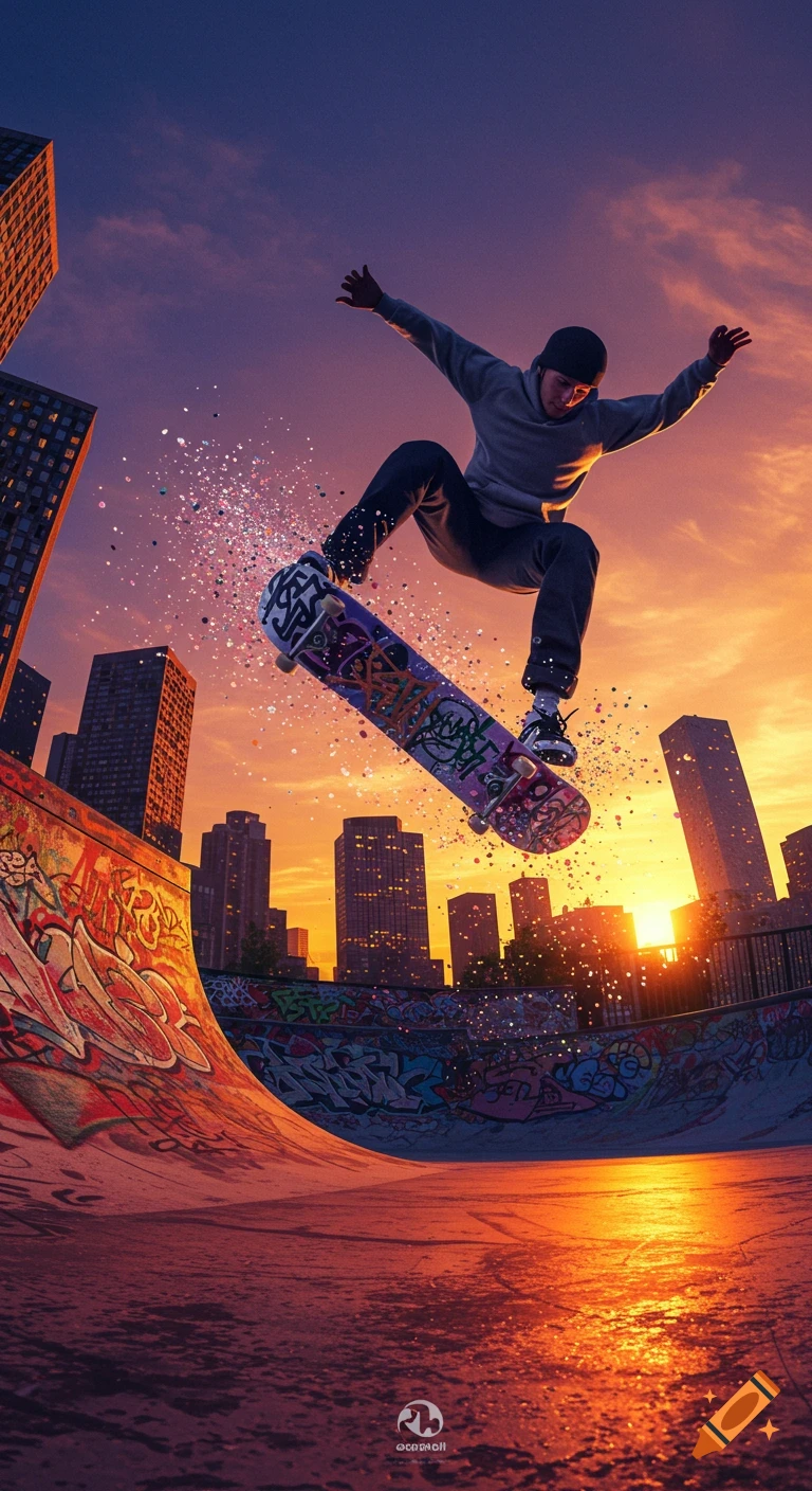A skateboarder jumps high in a graffiti-covered skatepark at sunset, with city buildings in the background. Photorealistic style.