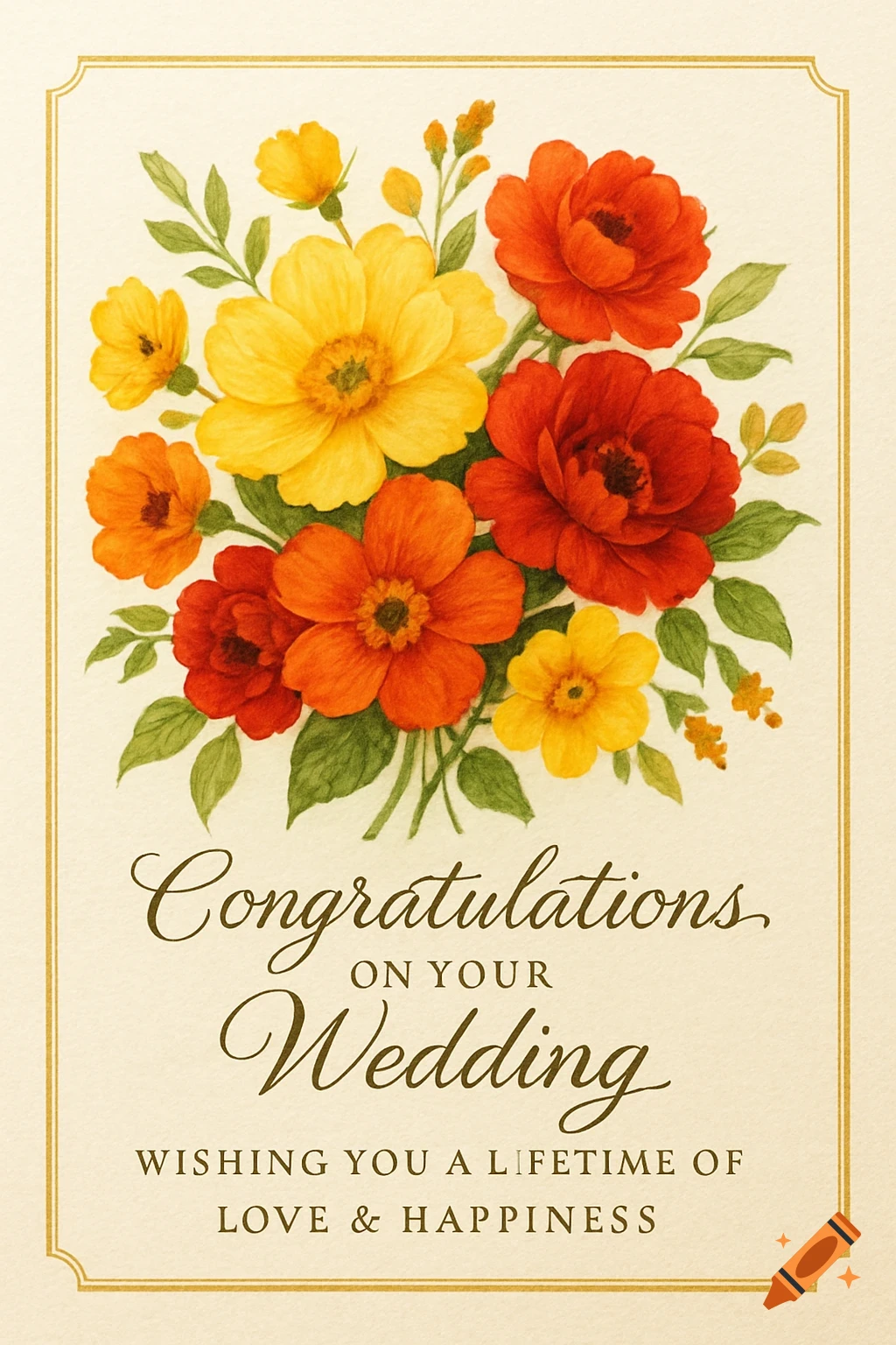 A watercolor wedding greeting card with a bouquet of yellow, orange, and red flowers and congratulatory text.
