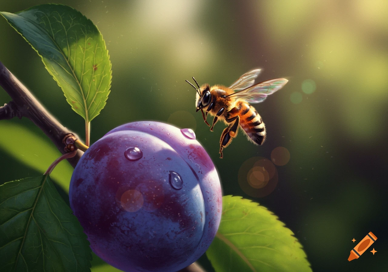 A detailed photorealistic image of a bee hovering over a purple plum with water droplets on a leafy branch.