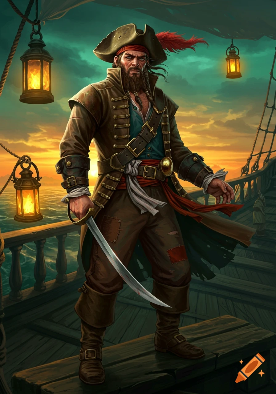 A rugged pirate captain with a beard and sword stands on a ship's deck at sunset, in an illustrative style.
