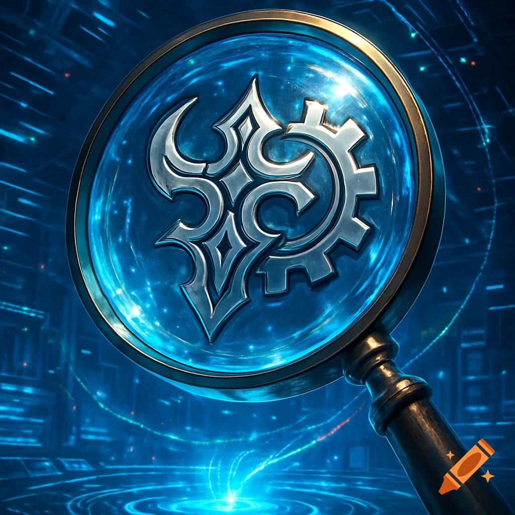 A magnifying glass with a silver, ornate gaming logo and a gear inside, set against a glowing blue digital background.