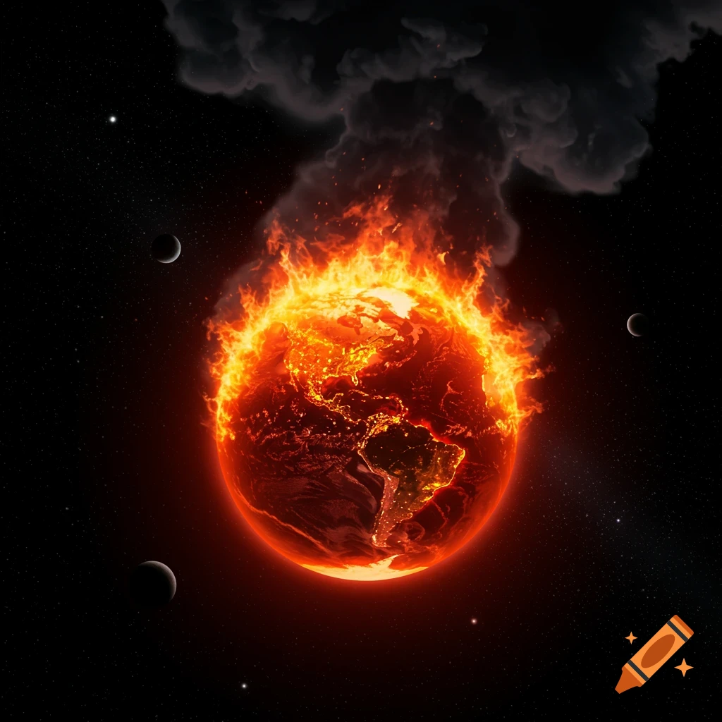 The Earth engulfed in vibrant orange and red flames, with dark smoke rising into space, surrounded by moons and stars.