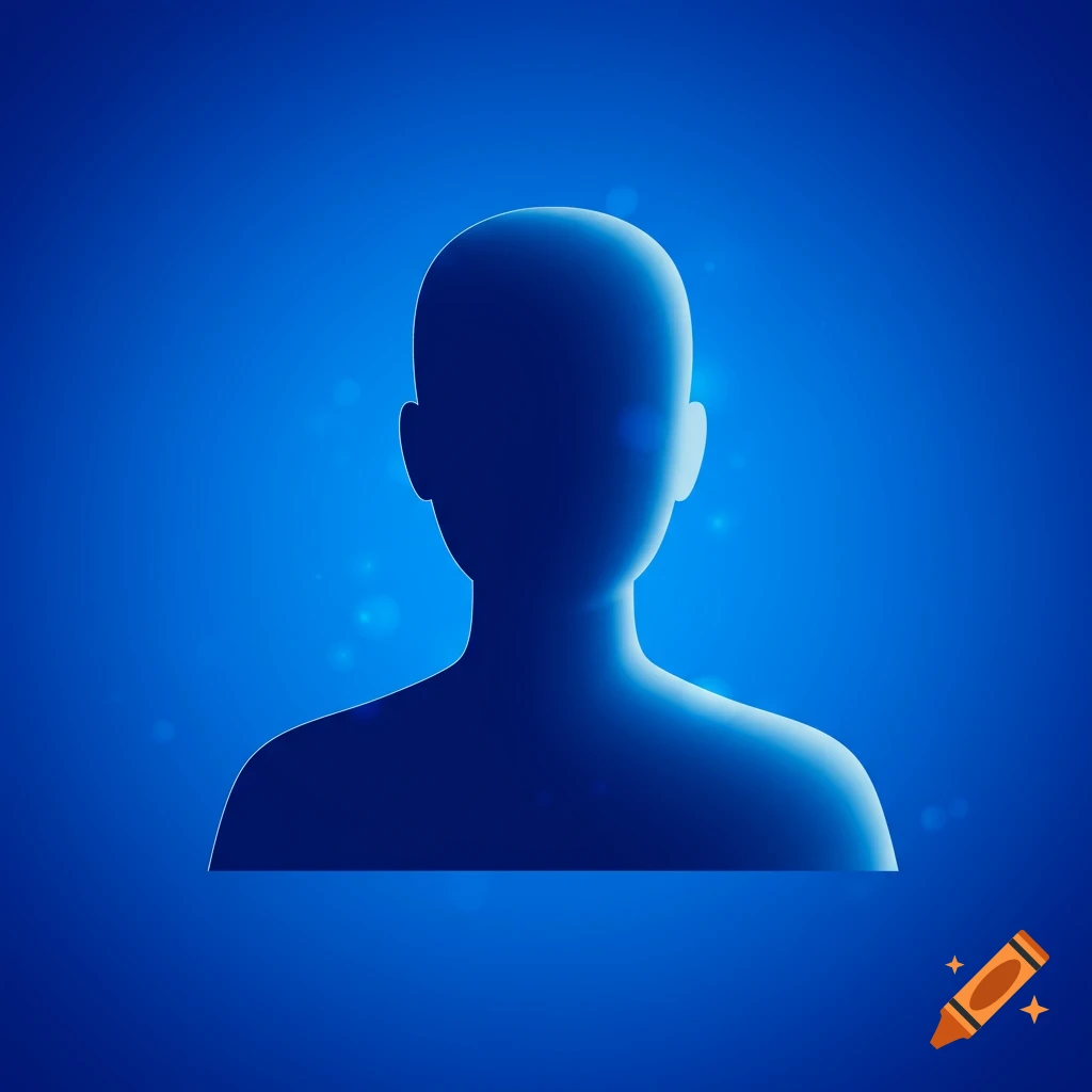 A blue silhouette of a person's head and shoulders, glowing against a gradient blue background with faint light specks.