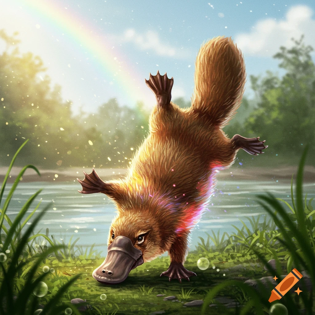 A fluffy baby platypus stands on its head by a river with a rainbow in a vibrant illustration.