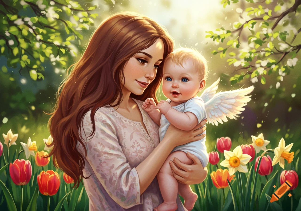 Smiling woman with long brown hair holding a winged baby in a sunny garden with tulips and daffodils, digital art.