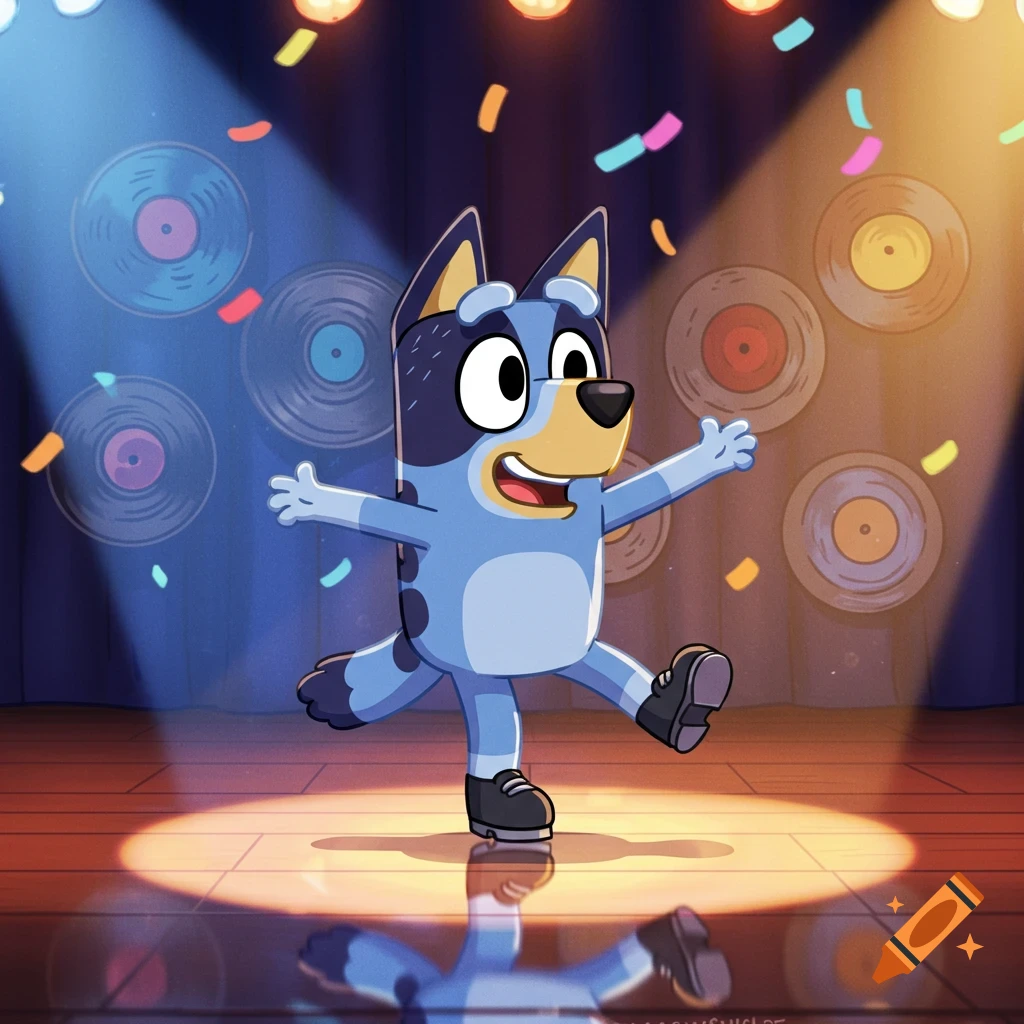 Bluey tap dancing on a spotlighted stage with records on the wall and falling confetti, in a cartoon style.
