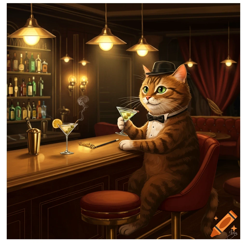 An anthropomorphic tabby cat in a tuxedo and hat sits at a bar, holding a martini and smoking, in a richly illustrated style.
