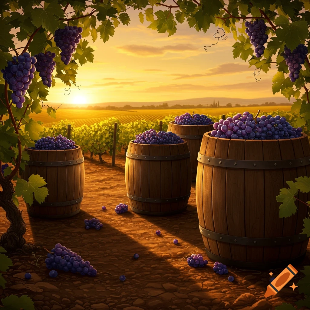Illustrated vineyard at sunset with wooden barrels overflowing with purple grapes.