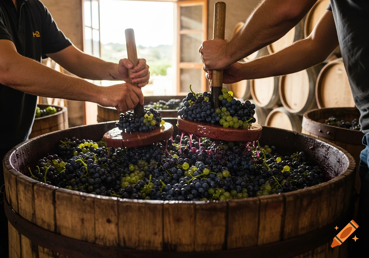 Two people press dark and light grapes in large wooden barrels during winemaking, with more barrels in the background. Photorealistic style.