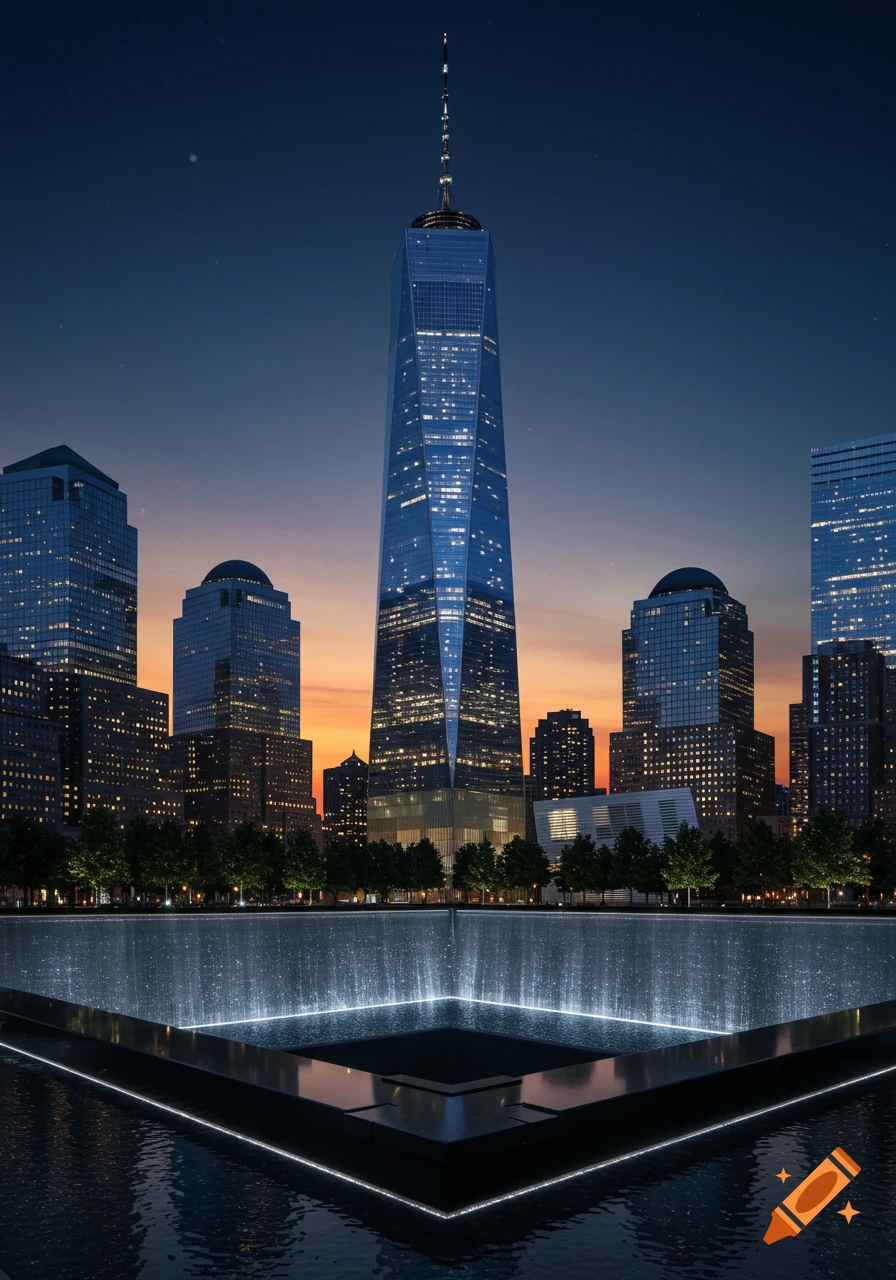 Photorealistic image of the One World Trade Center and surrounding skyscrapers at dusk, with the illuminated 9/11 Memorial pools in the foreground.