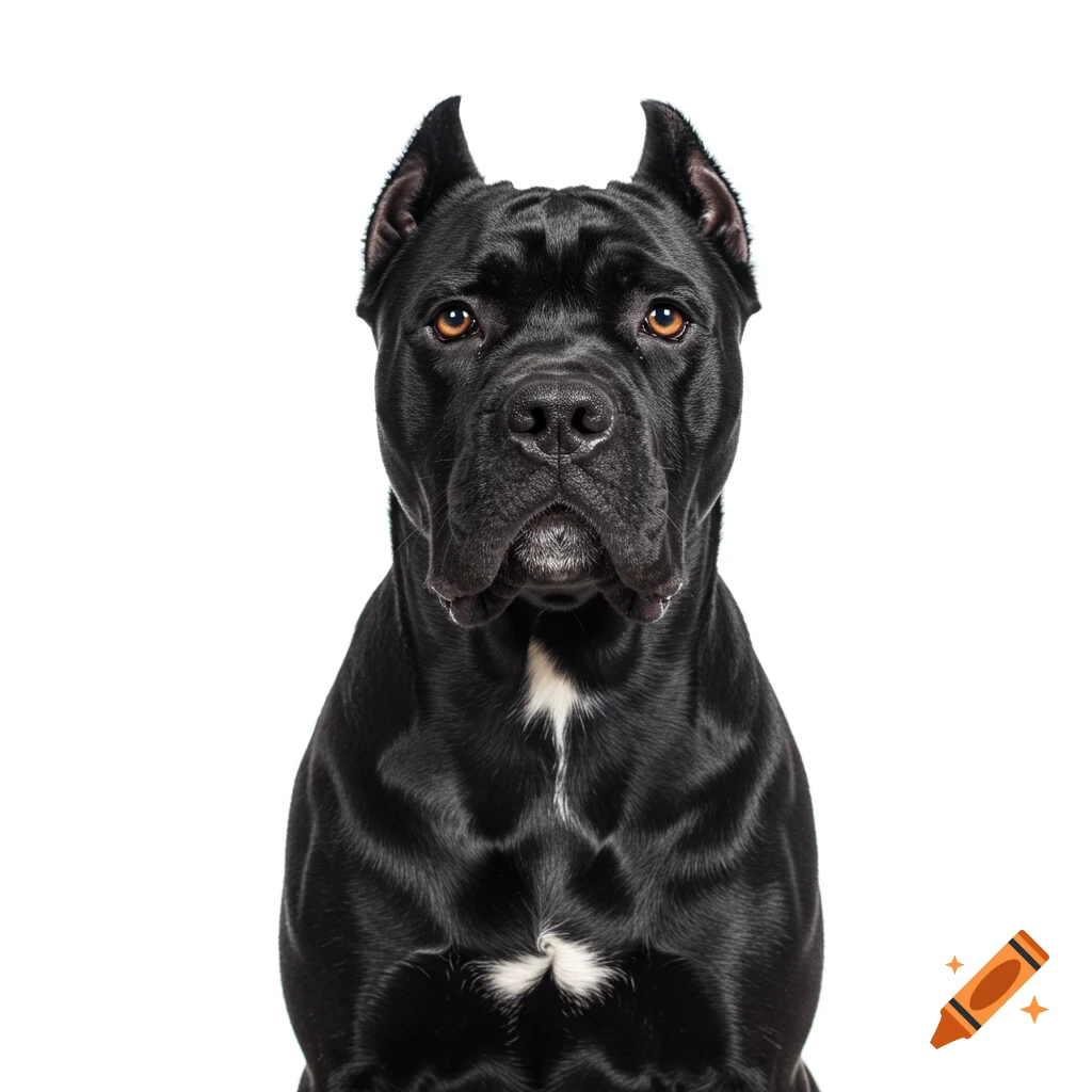 A photorealistic headshot of a black Cane Corso dog with cropped ears, looking straight ahead on a white background.