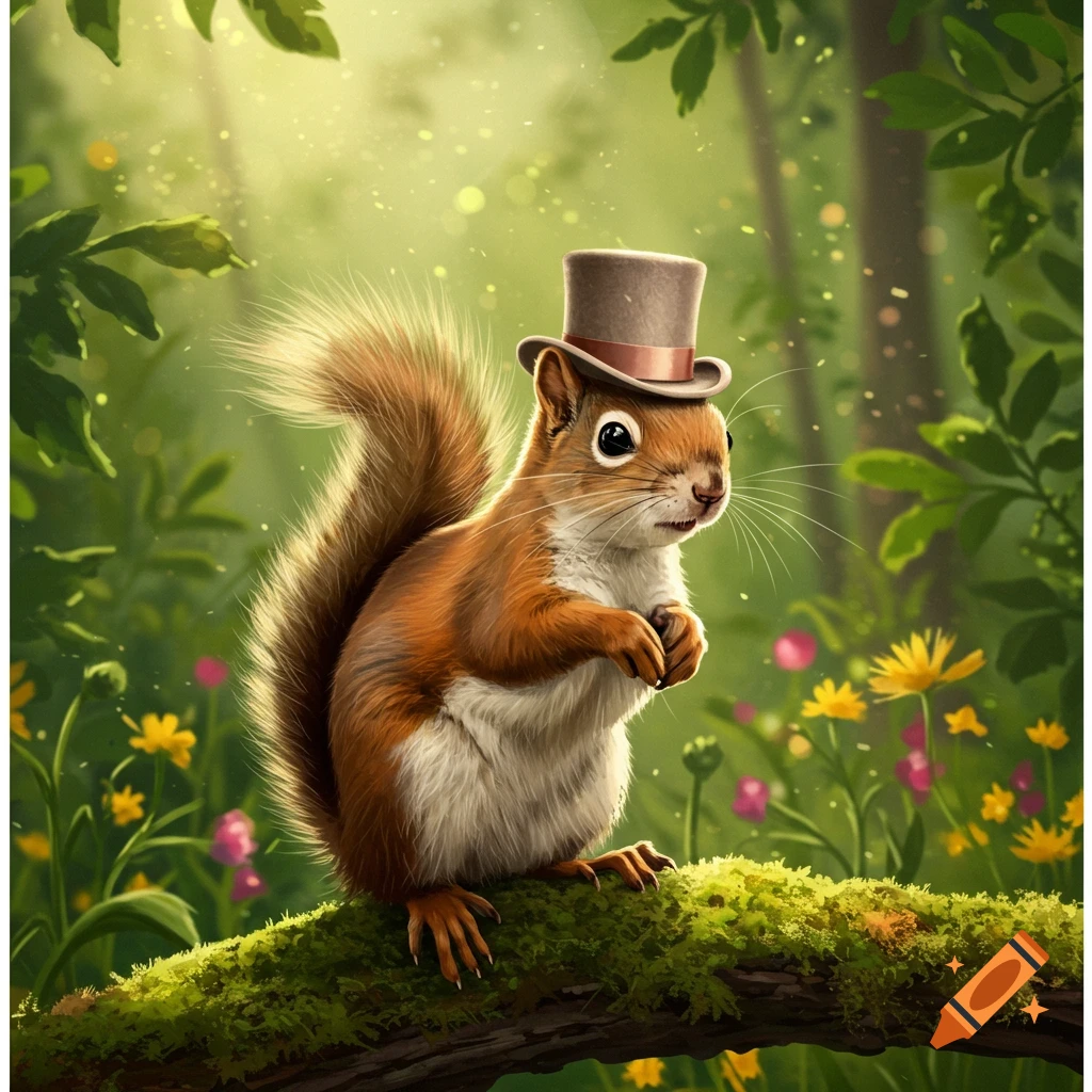 A digital illustration of a cute brown squirrel wearing a small top hat, standing on a mossy branch in a vibrant, sunlit forest.