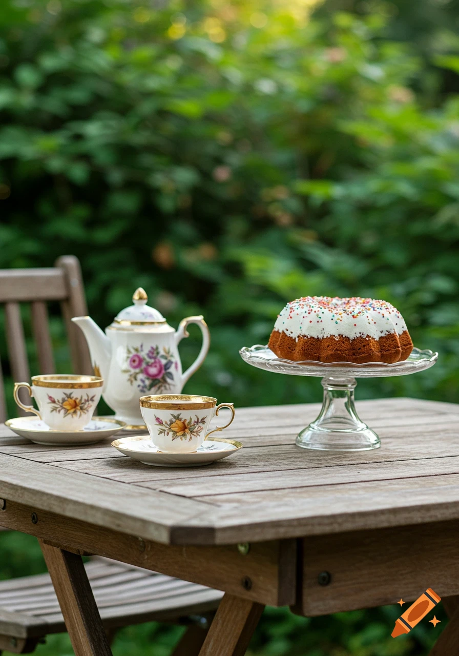 A vintage floral tea set and a bundt cake with sprinkles on a wooden table in a garden.