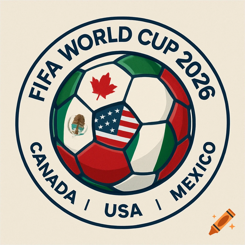 A circular FIFA World Cup 2026 logo featuring a soccer ball with flags for Canada, USA, and Mexico, surrounded by text.