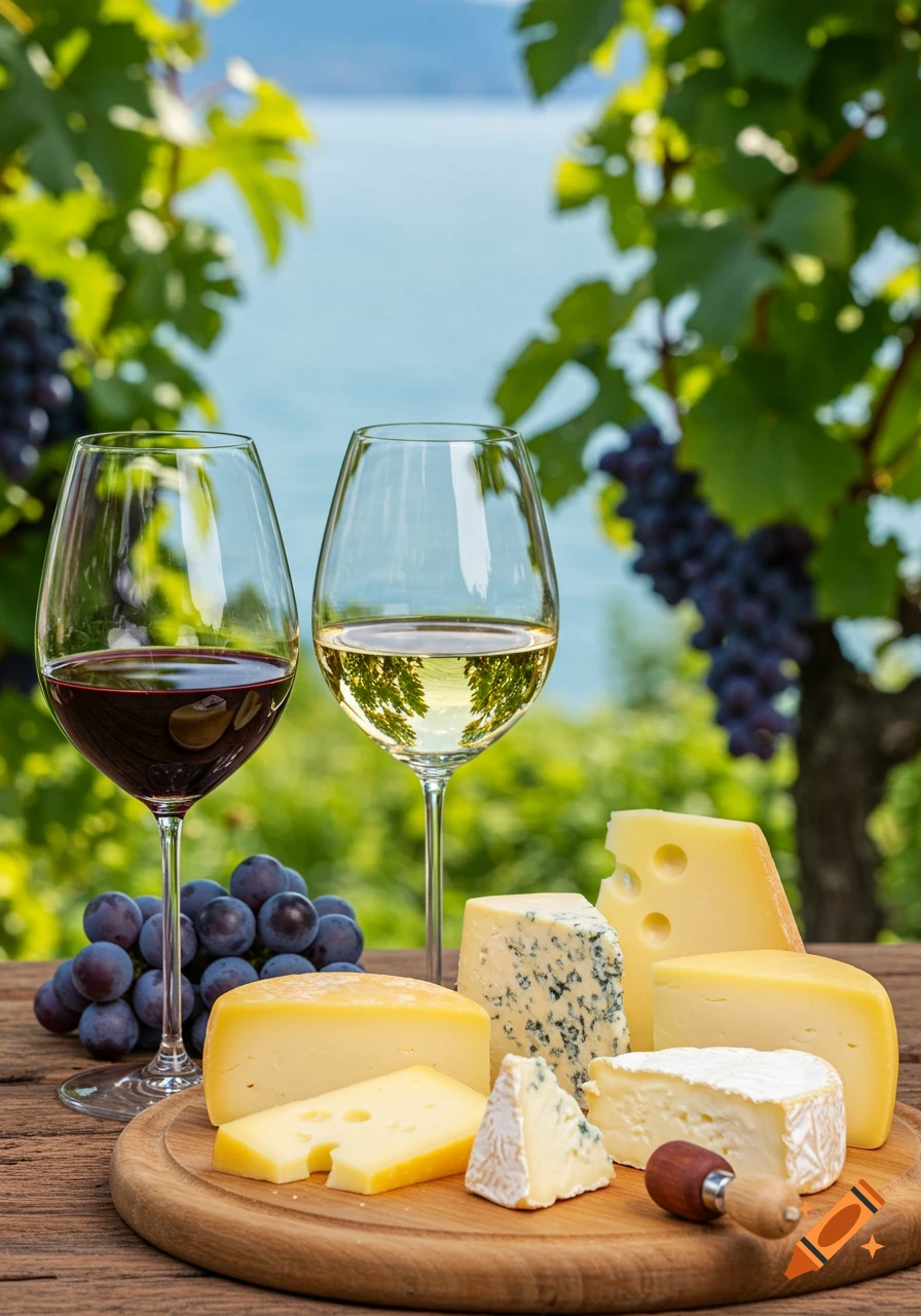 Two wine glasses, one red and one white, on a wooden table with an assortment of cheeses and grapes, set against a vineyard and lake background.