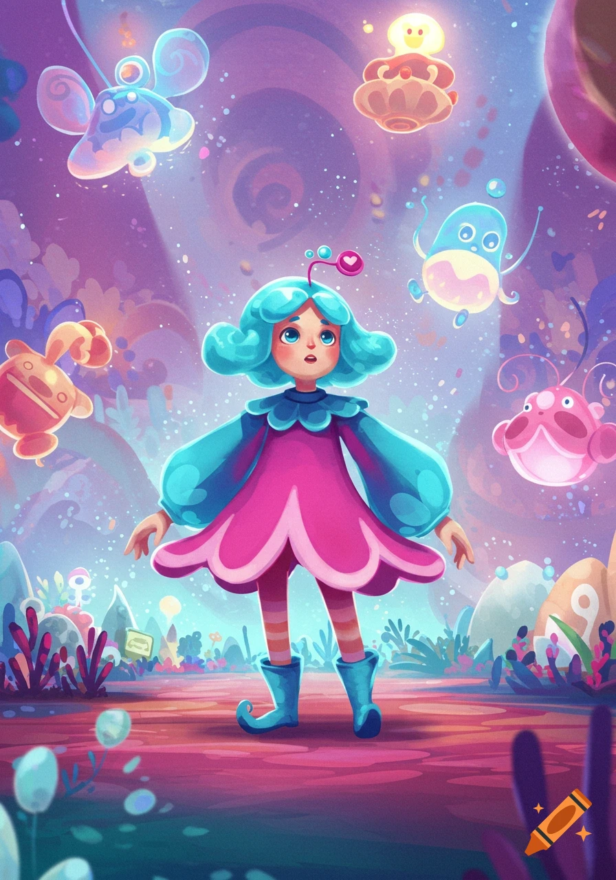 A cute, stylized girl with blue hair and a pink dress stands in a magical, colorful fantasy world with glowing creatures.