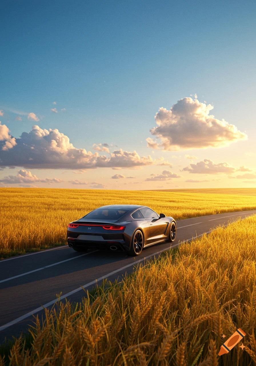 A dark gray sports car drives on a road through a golden wheat field at sunset under a blue sky.