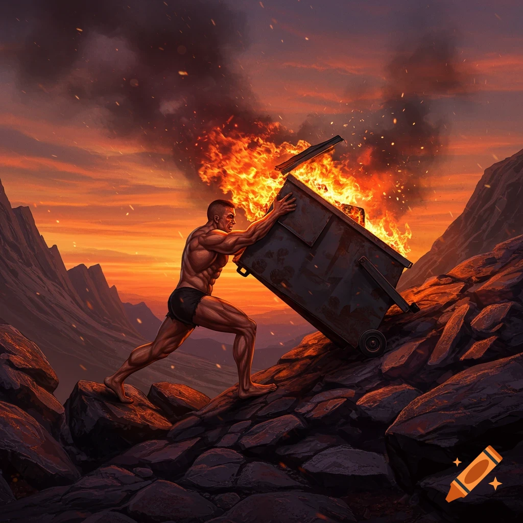 A muscular man strains to push a burning dumpster up a steep, rocky hill under a fiery orange sky.