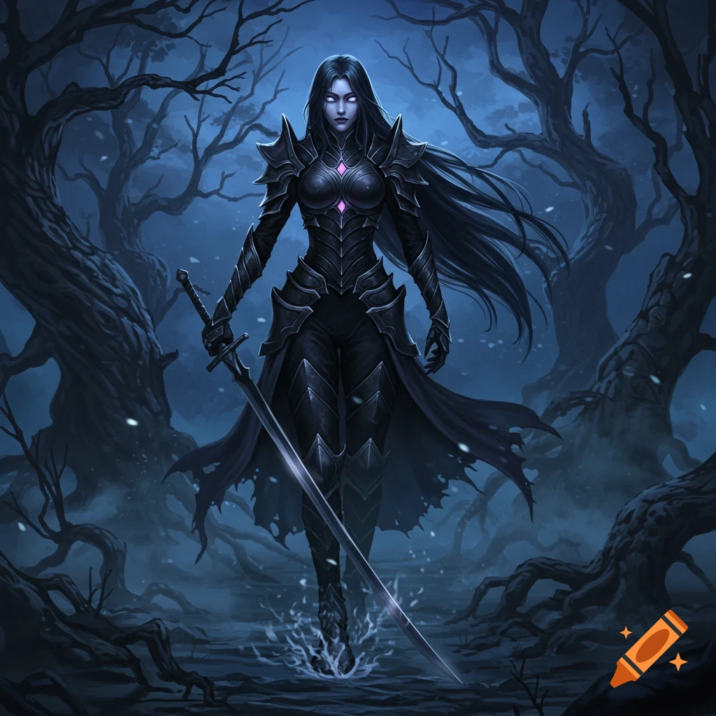 A dark fantasy female warrior with long black hair, glowing purple eyes, and black armor holds a sword in a spooky, gnarled forest at night.