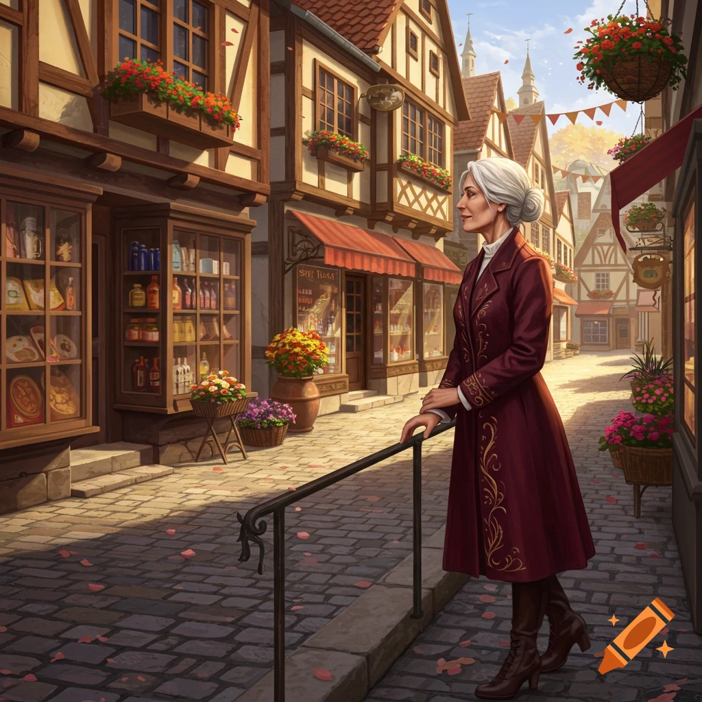 Elderly woman in a long maroon coat with gold embroidery stands on a cobblestone street lined with charming half-timbered shops and blooming flowers under a clear sky, in a detailed illustration.