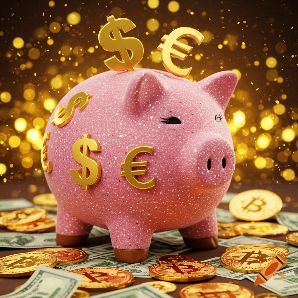 Pink glitter piggy bank surrounded by dollar bills, golden Bitcoin coins, and golden dollar/euro symbols with a sparkling bokeh background.