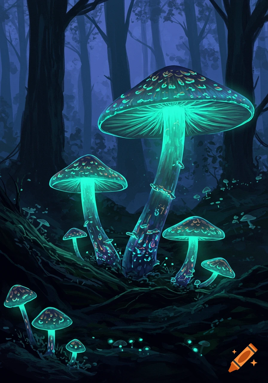 Fantastical art of glowing emerald and indigo bioluminescent mushrooms in a dark, ethereal forest at twilight.