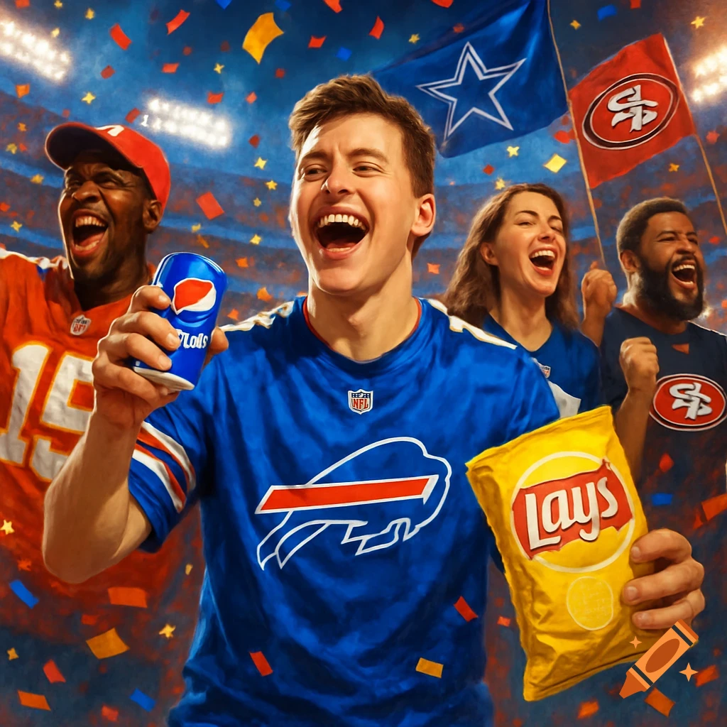 Excited sports fans celebrate at a stadium with confetti, holding a Pepsi can and a Lay's chip bag, wearing various NFL team jerseys.