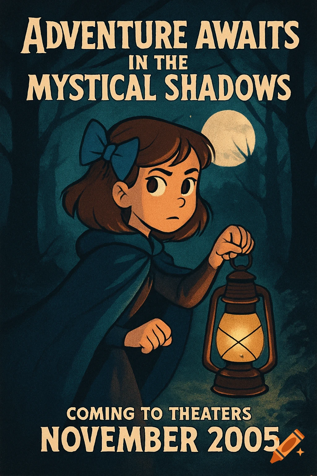 Cartoon movie poster of a girl with a blue bow and cloak holding a lantern in a dark forest under a full moon. Title: 'ADVENTURE AWAITS IN THE MYSTICAL SHADOWS', release 'NOVEMBER 2005'.