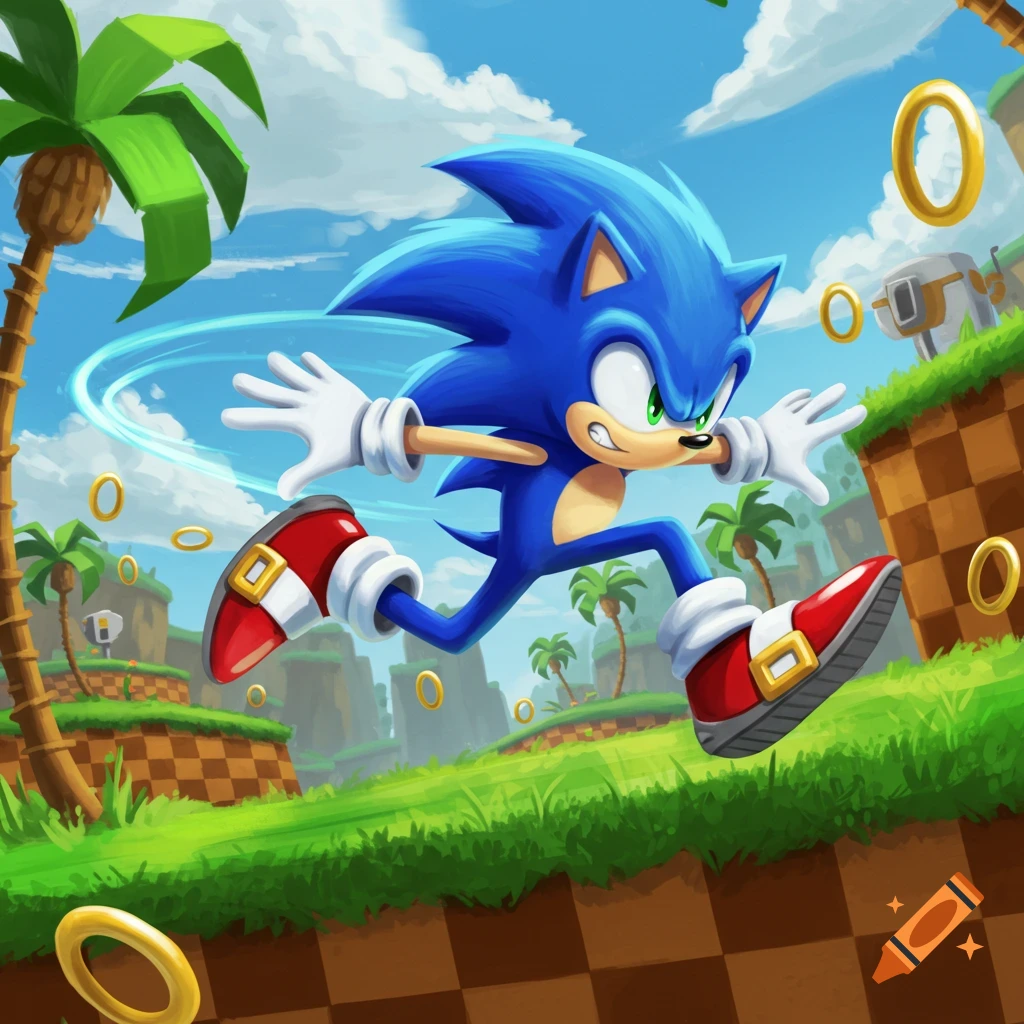 Blue hedgehog Sonic running fast through a vibrant green landscape with palm trees and golden rings.