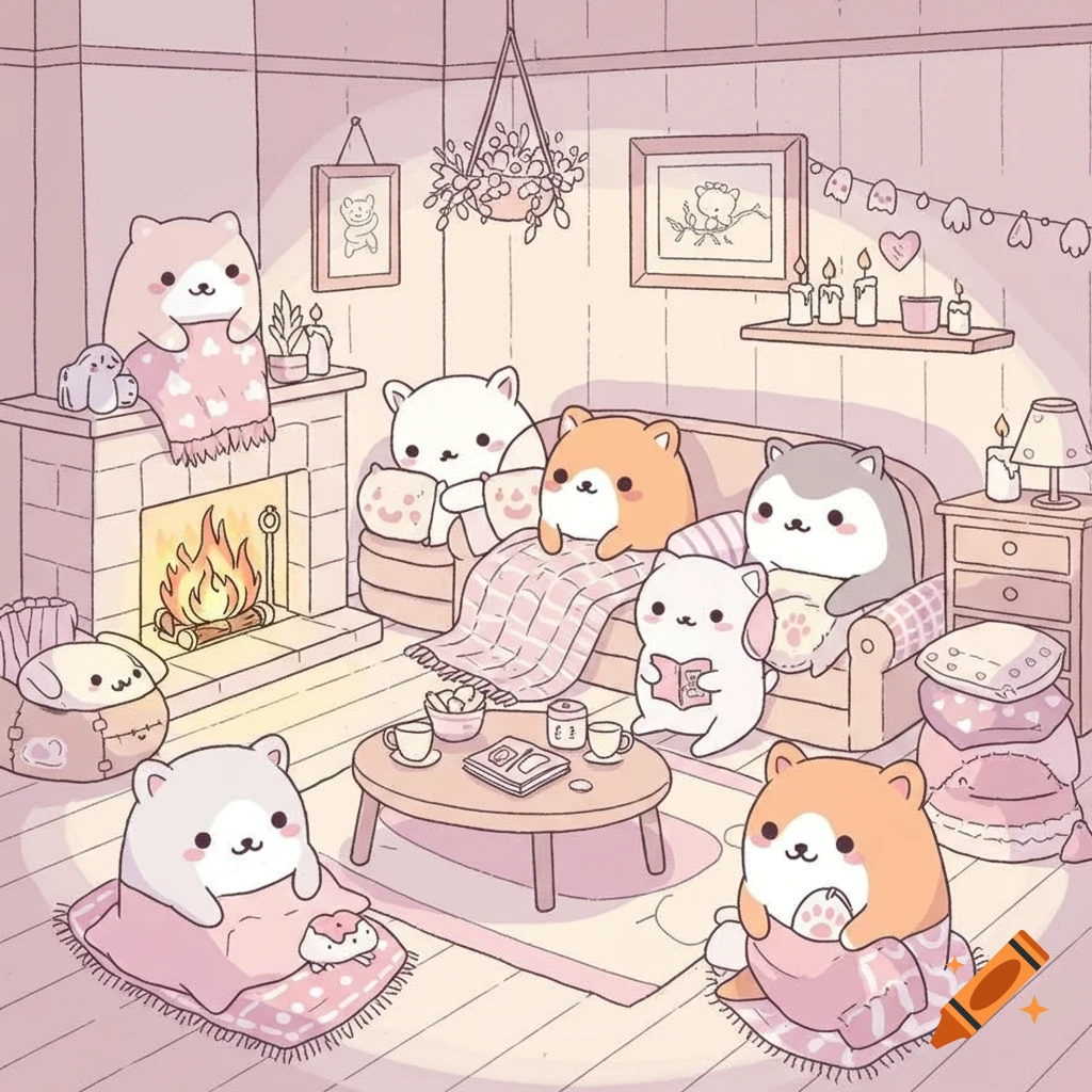 Cute, chubby, cartoon animals (bears, dogs, fennec foxes) relaxing in a cozy, pastel living room with a fireplace and blankets.