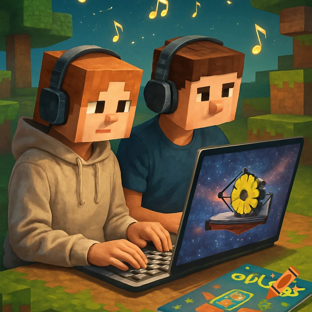 Two block-headed children with headphones use a laptop displaying the James Webb Space Telescope. Musical notes float in a Minecraft-style world.