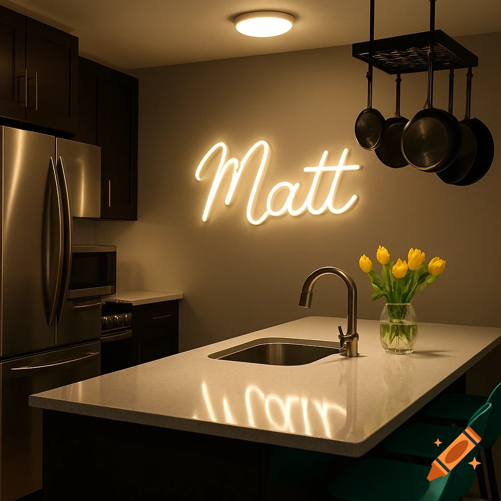 A modern kitchen with a glowing neon sign spelling "Matt" on the wall, stainless steel appliances, a center island with a sink, and a vase of yellow tulips.