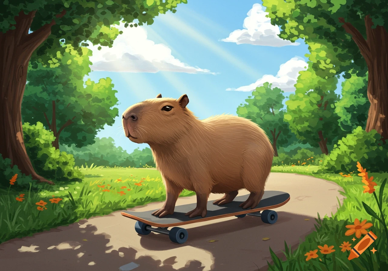 A cute, cartoon capybara rides a skateboard down a path in a lush green park on a sunny day.