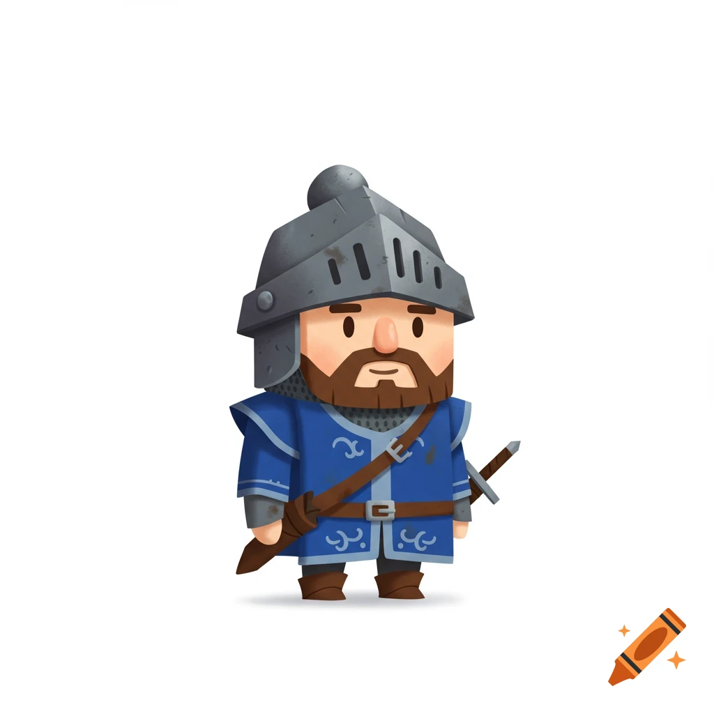 A cute, stylized square knight character wearing blue armor, a helmet, and a brown strap with a sword, on a white background.