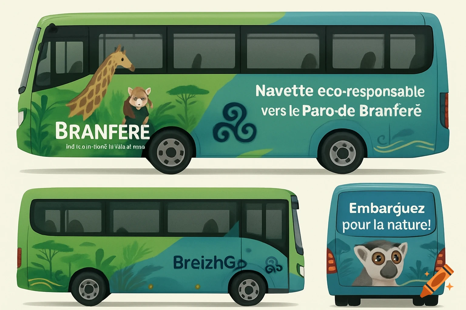Illustration of three cartoon buses: a side view of a green and blue bus with a giraffe, red panda, and text "BRANFERE" and "Navette eco-responsable vers le Paro-de Branferẽ"; a side view of a green and blue bus with "BreizhGo"; and a rear view of a blue bus with a lemur and text "Embarquez pour la nature!"